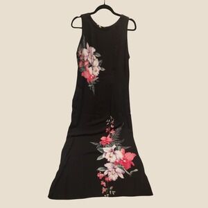 VTG Iolani Hawaii Black Tropical Orchid Maxi Dress L Resortwear Vacation Cruise